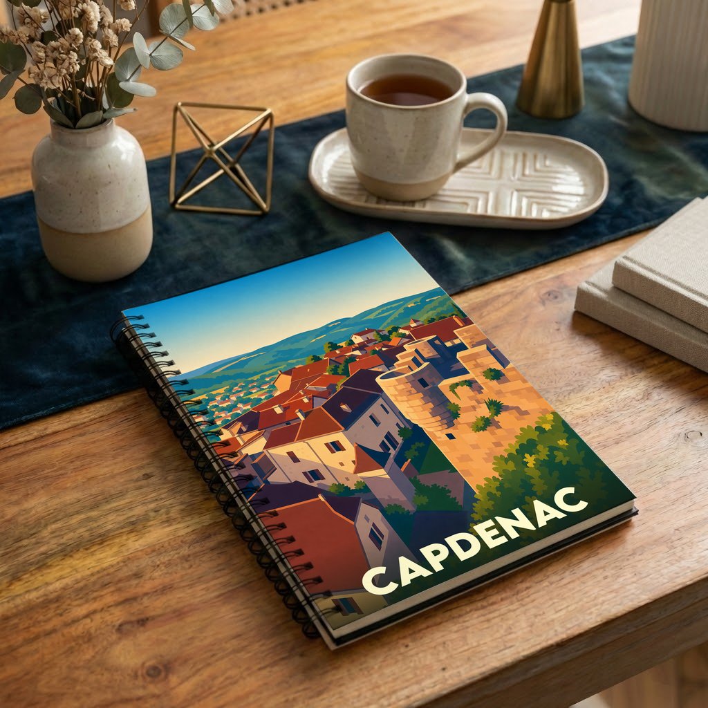 Carnet de notes souvenir de la ville de Capdenac avec une illustration stylisée et colorée de sa cité médiévale.