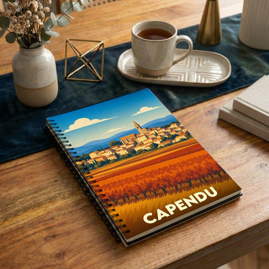 Carnet à spirales souvenir de la ville de Capendu avec une illustration stylisée de son paysage et de ses vignobles.