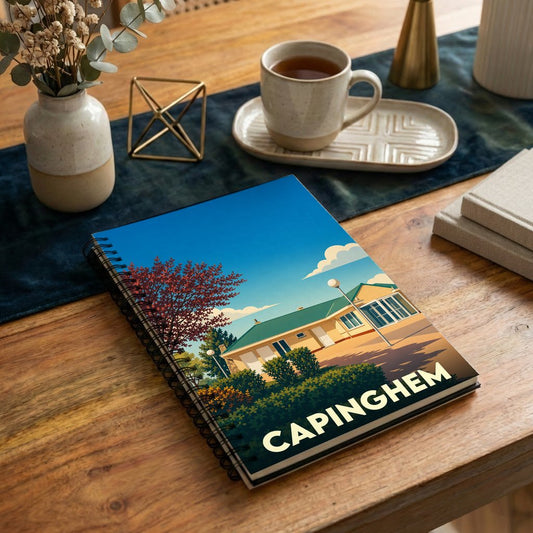 Carnet souvenir de la ville de Capinghem avec une illustration stylisée d'un paysage urbain.