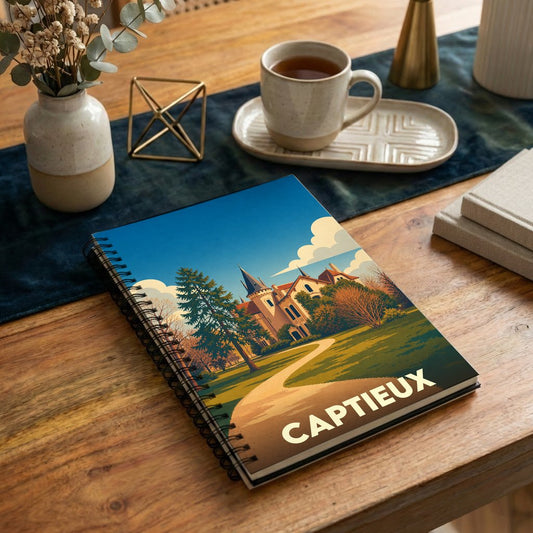 Carnet souvenir de la ville de Captieux avec une illustration stylisée d'un château.