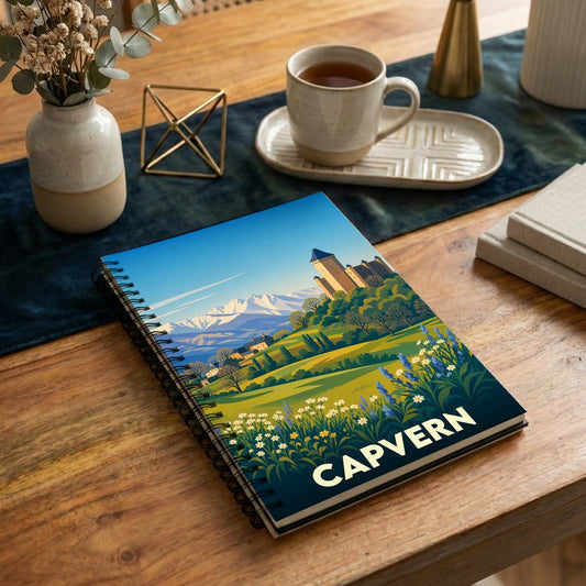 Carnet à spirales souvenir de la ville de Capvern orné d'une illustration stylisée de paysages montagneux.