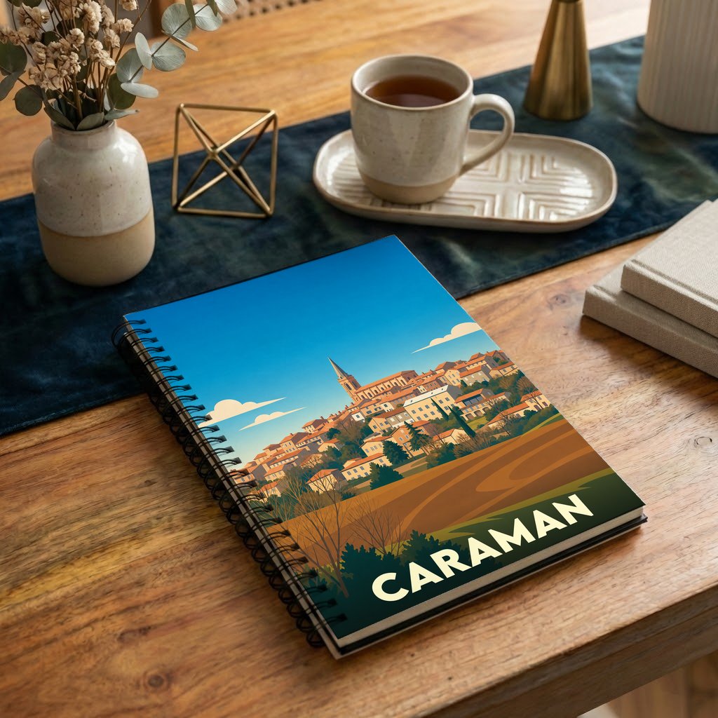 Carnet souvenir à spirales de la ville de Caraman avec une illustration stylisée.
