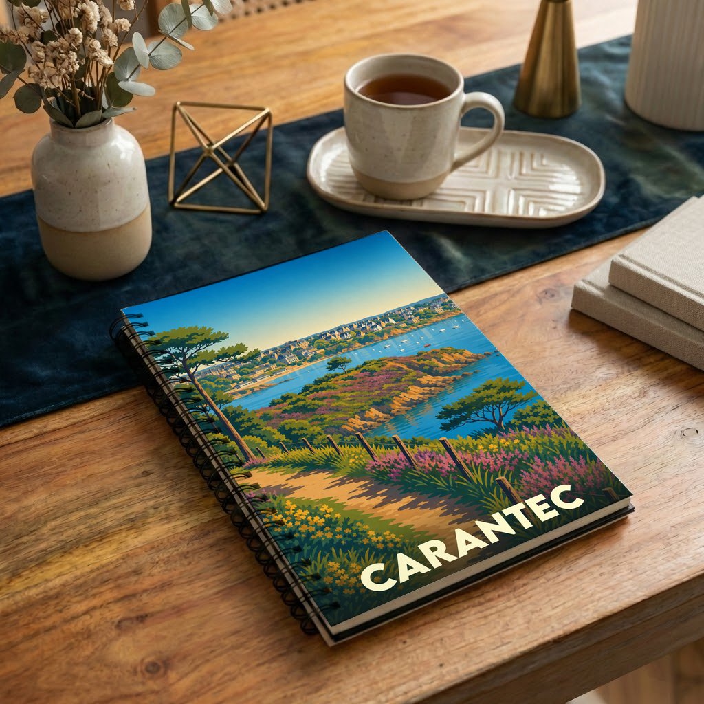 Carnet souvenir de la ville de Carantec avec une illustration stylisée d'un paysage côtier breton.
