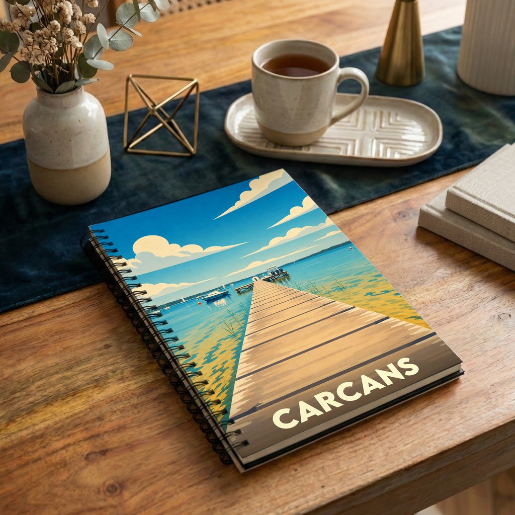 Carnet à spirales souvenir de la ville de Carcans avec une illustration stylisée d'un ponton sur le lac.
