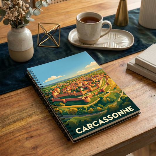 Carnet souvenir de la ville de Carcassonne avec une illustration stylisée de la cité médiévale.