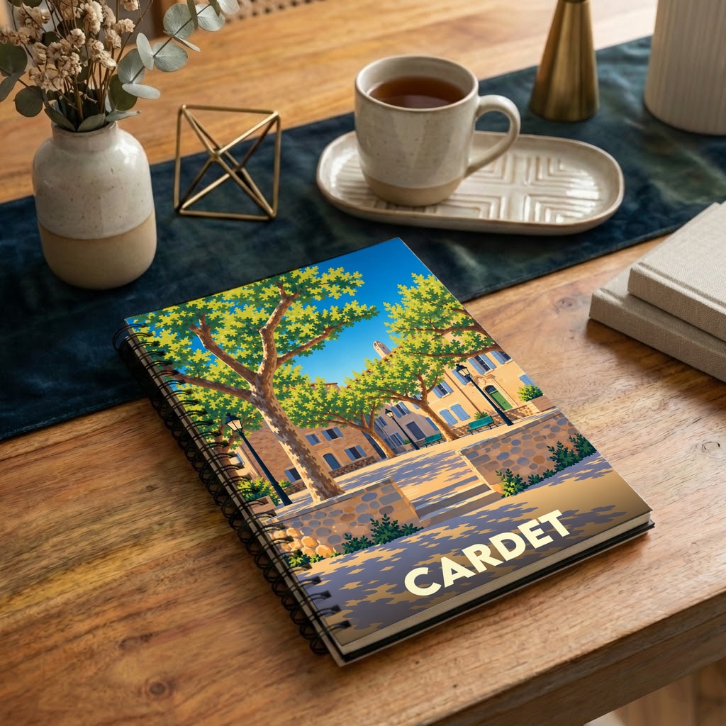 Carnet de notes souvenir de la ville de Cardet orné d'une illustration stylisée de sa place ensoleillée.
