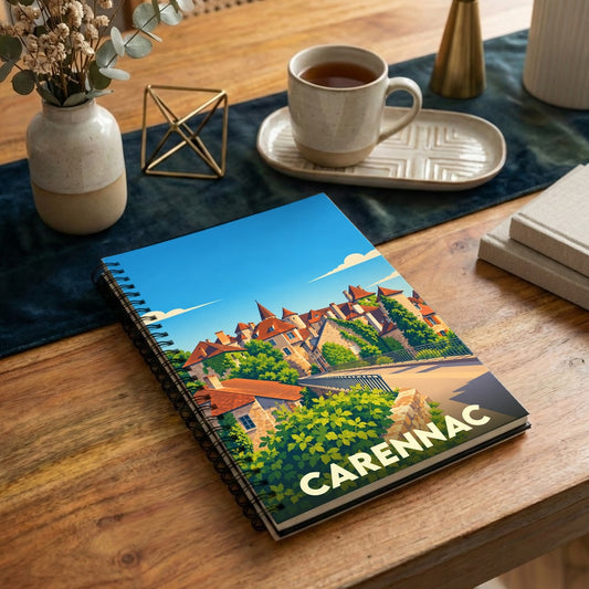 Carnet à spirales souvenir de la ville de Carennac avec une illustration stylisée.