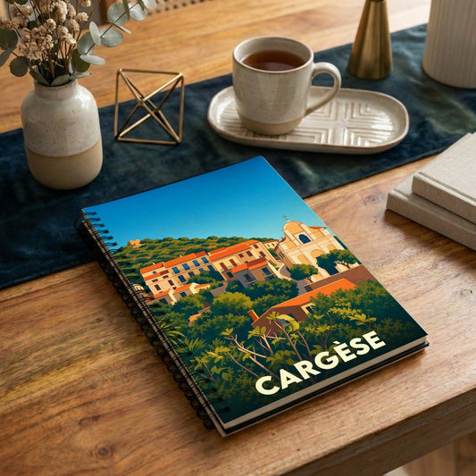 Carnet à spirales souvenir de la ville de Cargèse avec une illustration stylisée et colorée.