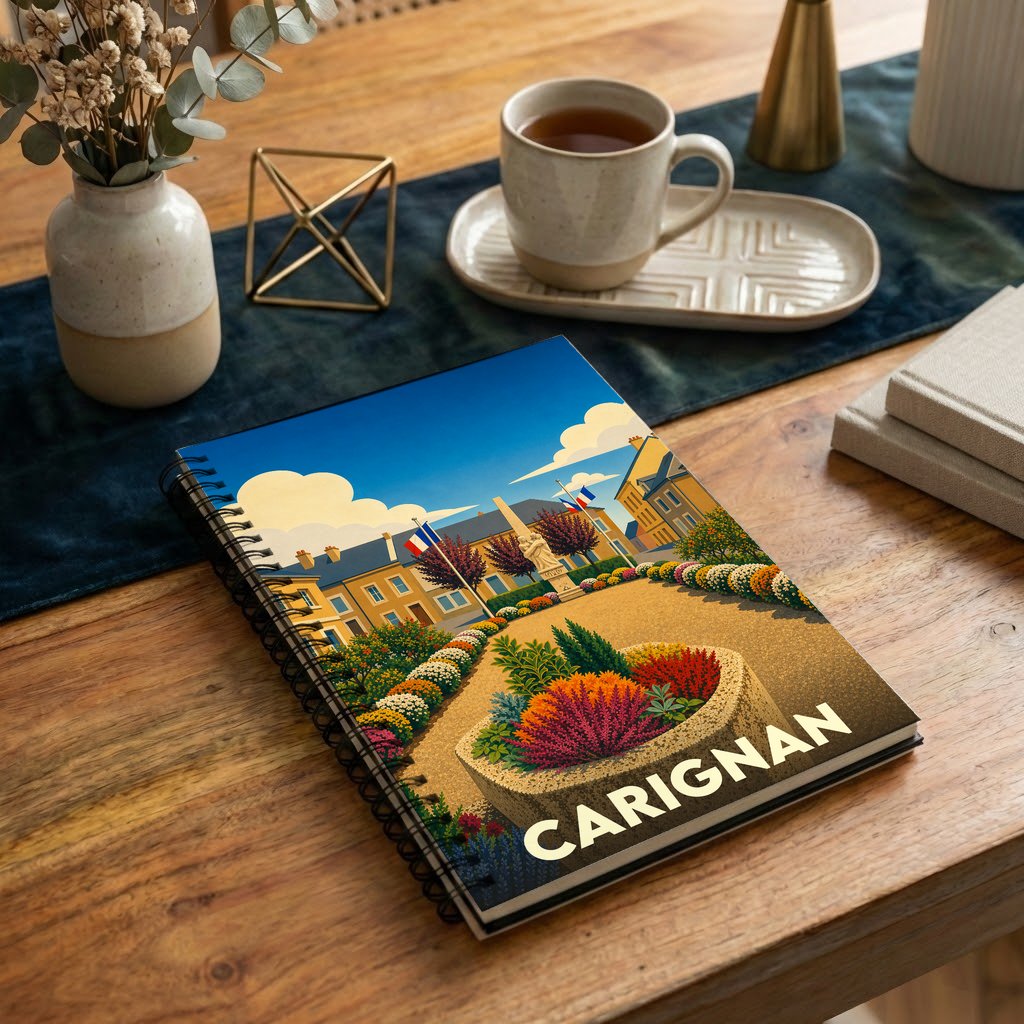 Carnet souvenir de la ville de Carignan illustré d'un paysage urbain stylisé et coloré.