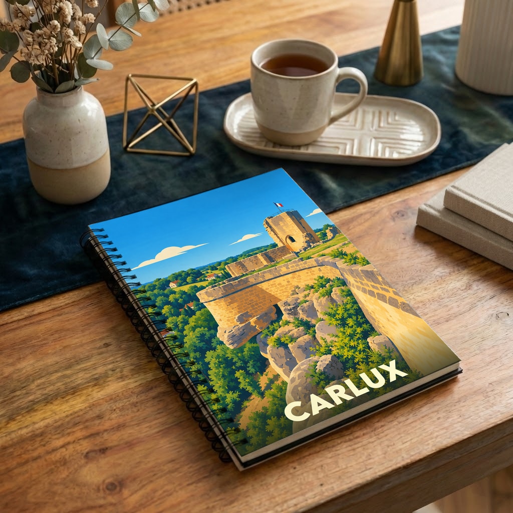 Carnet souvenir de la ville de Carlux avec une illustration stylisée de son château médiéval.