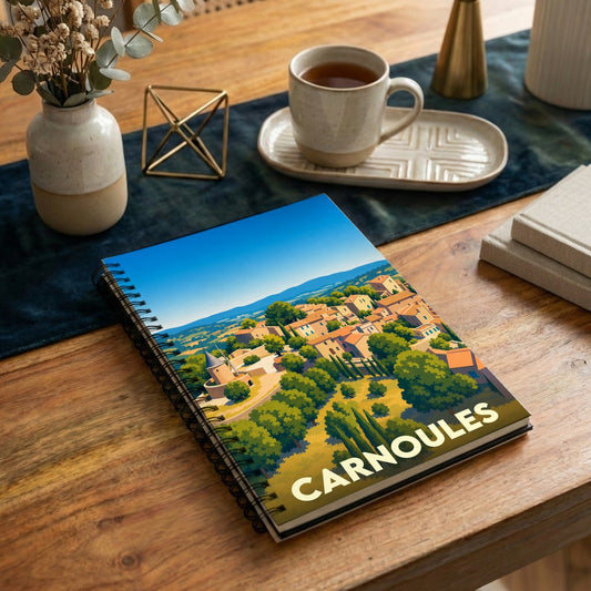 Carnet souvenir de la ville de Carnoules avec une illustration stylisée de son paysage provençal.