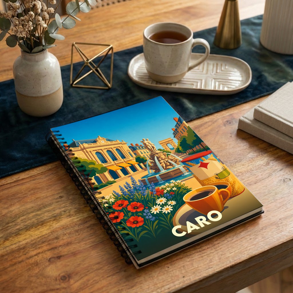 Carnet à spirales souvenir de la ville de Caro avec une illustration stylisée et colorée.