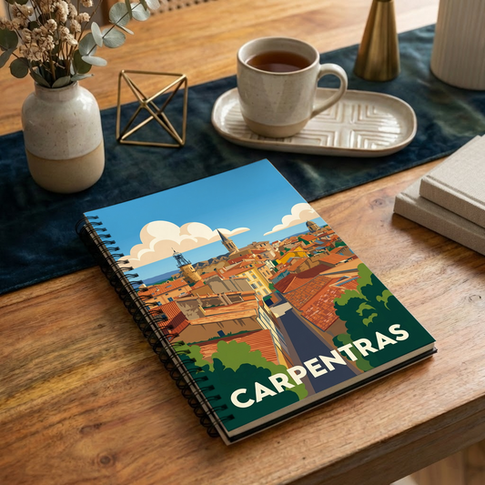 Carnet souvenir de la ville de Carpentras avec une illustration stylisée de ses toits.