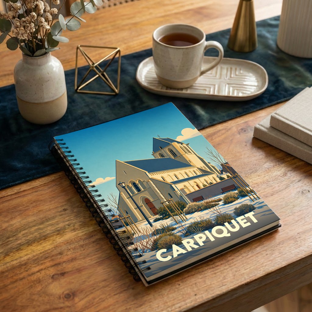 Carnet souvenir de la ville de Carpiquet avec une illustration stylisée de son église.