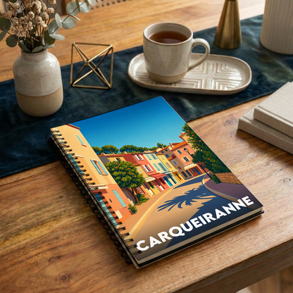 Carnet à spirales souvenir de la ville de Carqueiranne avec une illustration colorée et stylisée.