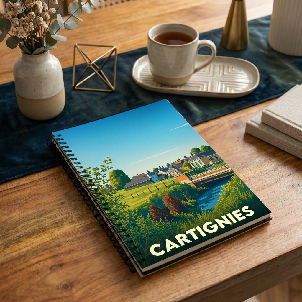 Carnet souvenir de la ville de Cartignies avec une illustration paysagère stylisée.