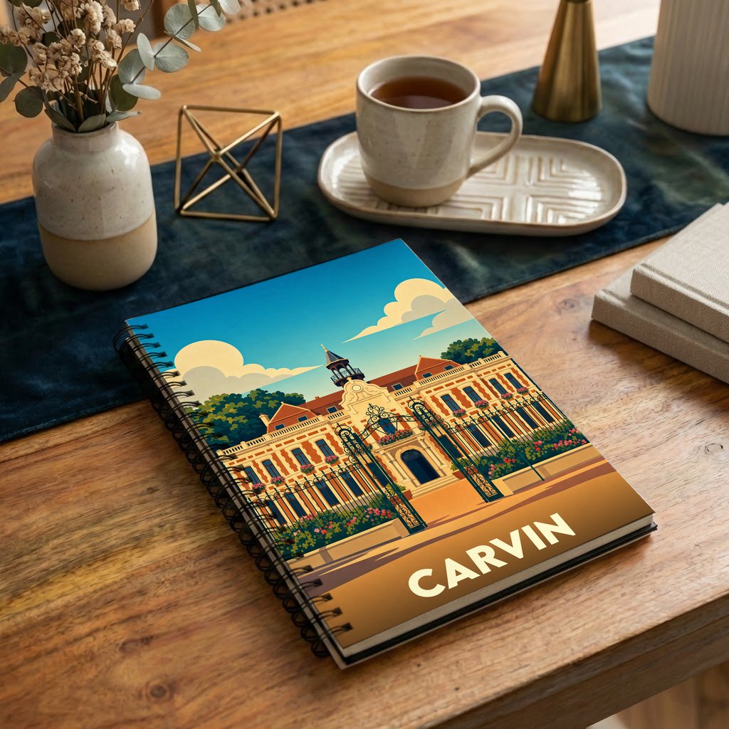 Carnet à spirales souvenir de la ville de Carvin avec une illustration stylisée.