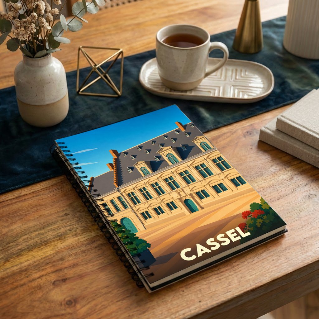 Carnet à spirales souvenir de la ville de Cassel avec une illustration stylisée d'un bâtiment historique.