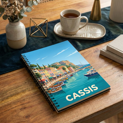 Carnet souvenir de la ville de Cassis avec une illustration stylisée de son port.