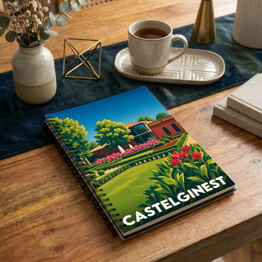 Carnet à spirale souvenir de la ville de Castelginest orné d'une illustration stylisée de ses jardins et de son patrimoine.