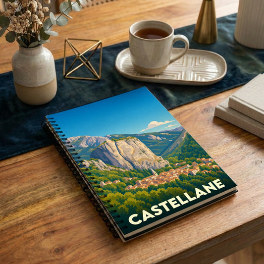 Carnet à spirale souvenir de la ville de Castellane avec une illustration stylisée de son célèbre rocher.