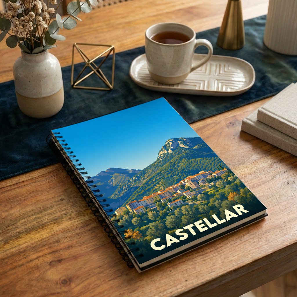 Carnet souvenir de la ville de Castellar avec une illustration stylisée de ses paysages montagneux.