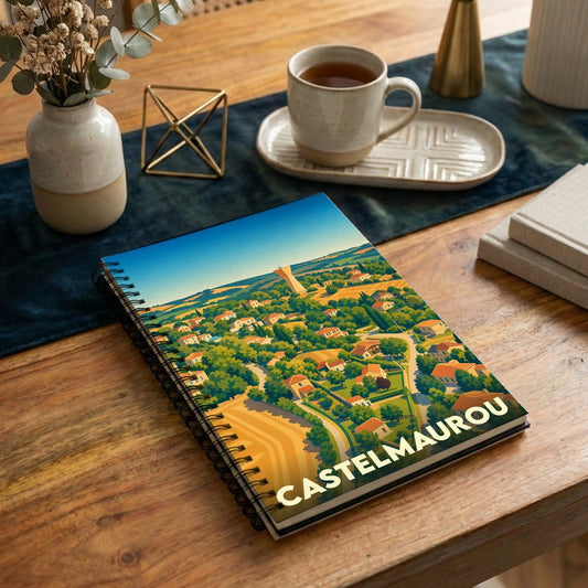 Carnet souvenir de la ville de Castelmaurou avec une illustration stylisée d'un paysage urbain verdoyant.