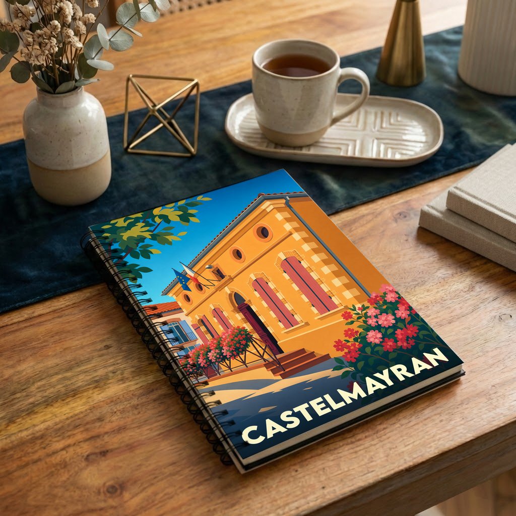 Carnet souvenir de la ville de Castelmayran avec une illustration colorée et stylisée de sa mairie.