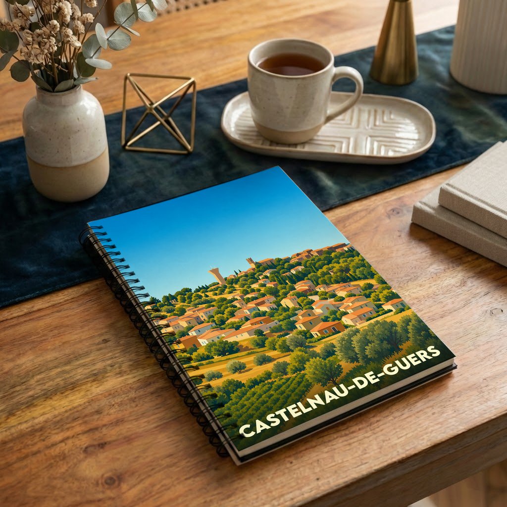 Carnet souvenir de la ville de Castelnau-de-Guers avec une illustration stylisée d'un village perché.