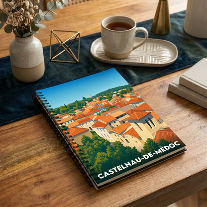 Carnet souvenir de la ville de Castelnau-de-Médoc avec une illustration stylisée.