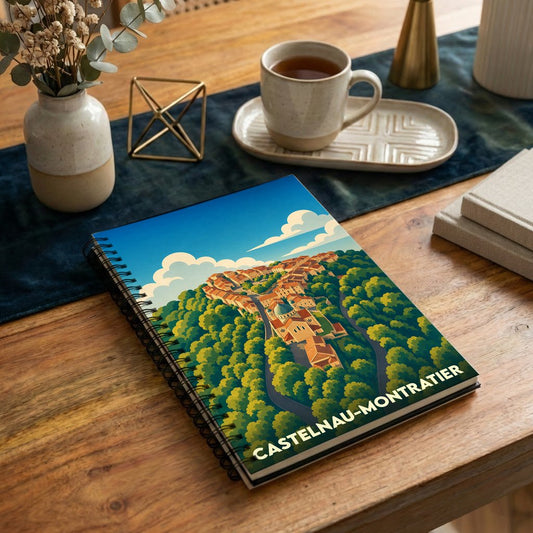 Carnet à spirales souvenir de la ville de Castelnau-Montratier avec une illustration stylisée.