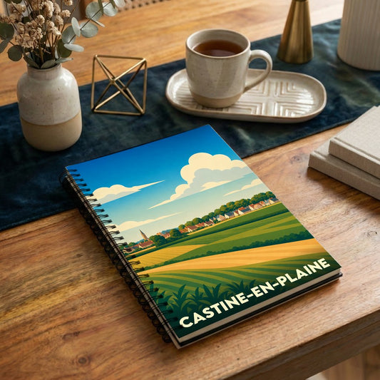 Carnet à spirales souvenir de la ville de Castine-en-Plaine avec une illustration de paysages champêtres.