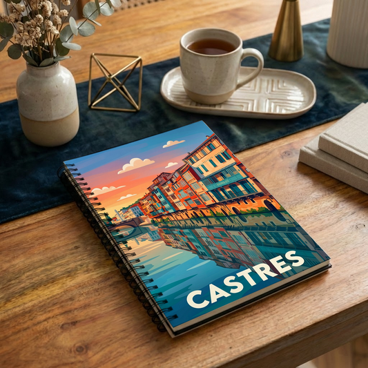 Carnet souvenir de la ville de Castres avec une illustration graphique stylisée.
