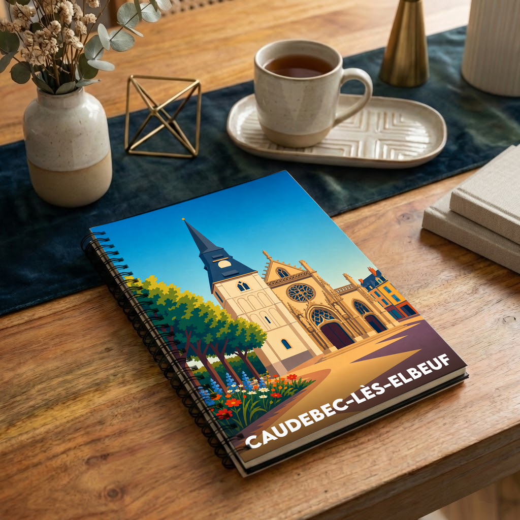 Carnet à spirales souvenir de la ville de Caudebec-lès-Elbeuf avec une illustration stylisée de son église.