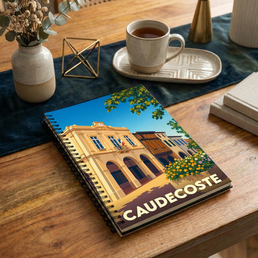 Carnet à spirales souvenir de la ville de Caudecoste avec une illustration stylisée de sa mairie.