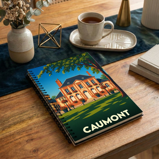 Carnet à spirales souvenir de la ville de Caumont avec une illustration stylisée d'un manoir.