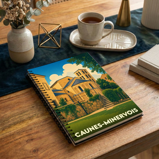 Carnet à spirales souvenir de la ville de Caunes-Minervois avec une illustration stylisée de son abbaye.