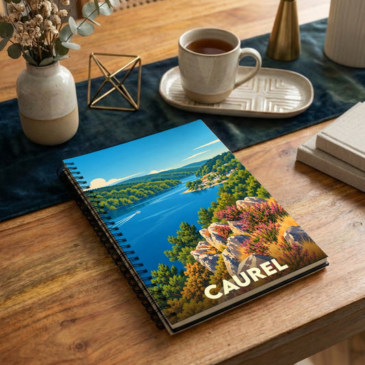 Carnet à spirale souvenir de la ville de Caurel orné d'une illustration stylisée du lac de Guerlédan.