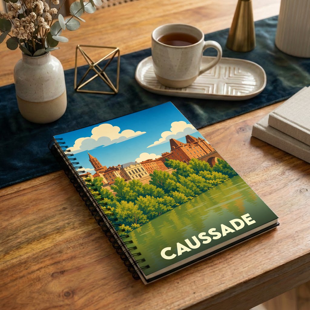 Carnet souvenir de la ville de Caussade avec une illustration stylisée.
