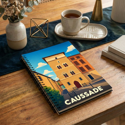 Carnet de notes souvenir de la ville de Caussade avec une illustration stylisée de son architecture historique.