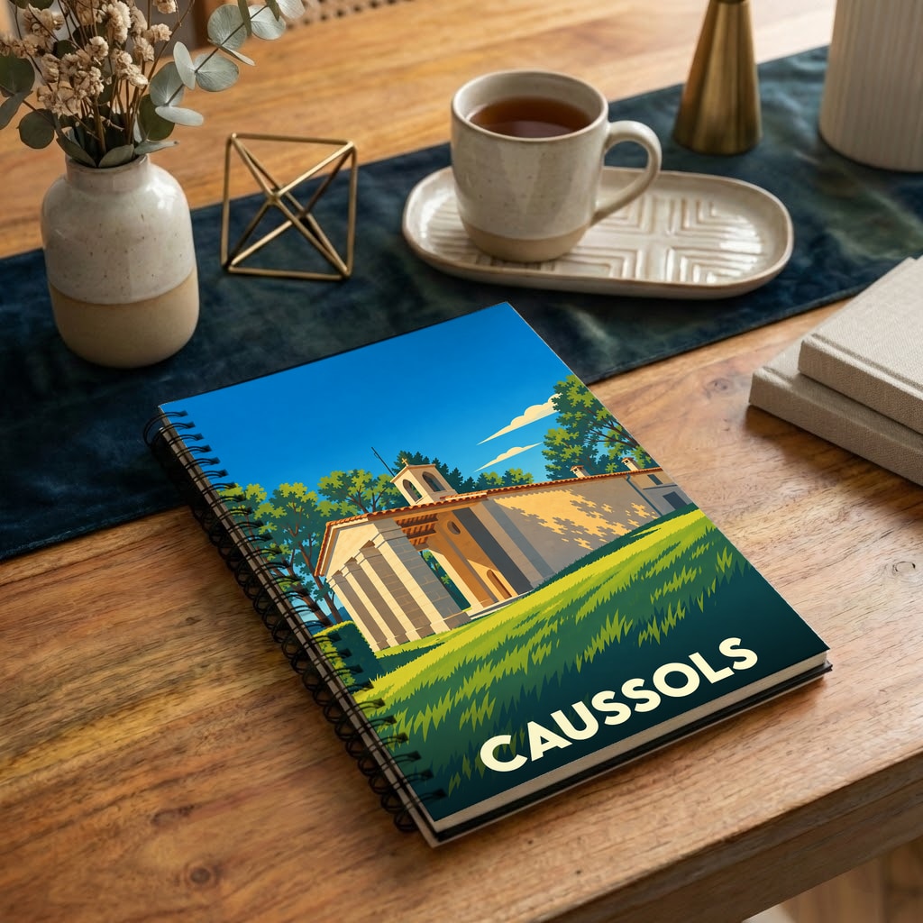 Carnet de notes à spirales souvenir de la ville de Caussols avec une illustration stylisée d'un bâtiment provençal.