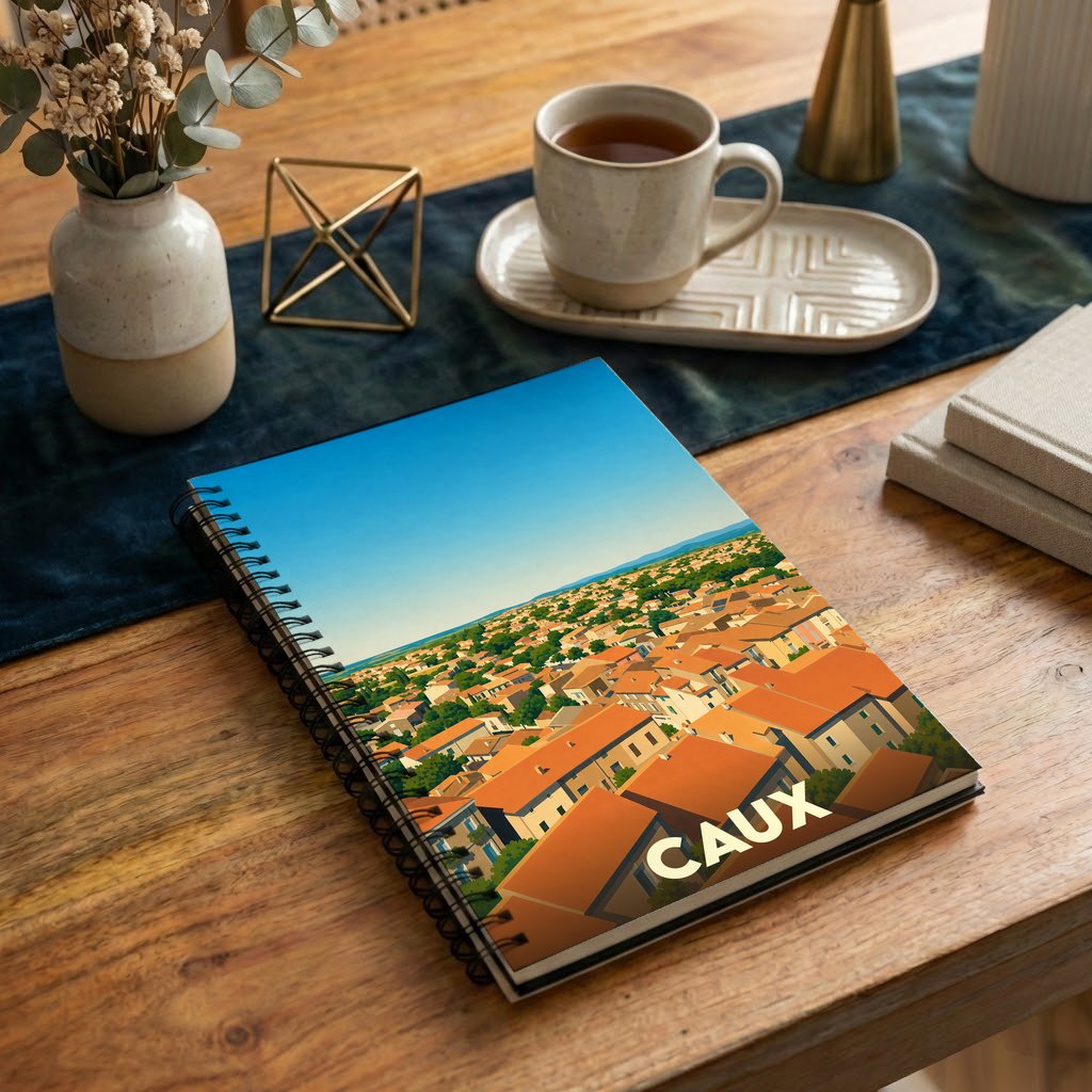 Carnet à spirales souvenir de la ville de Caux avec une illustration stylisée d'un panorama urbain aux toits orangés.