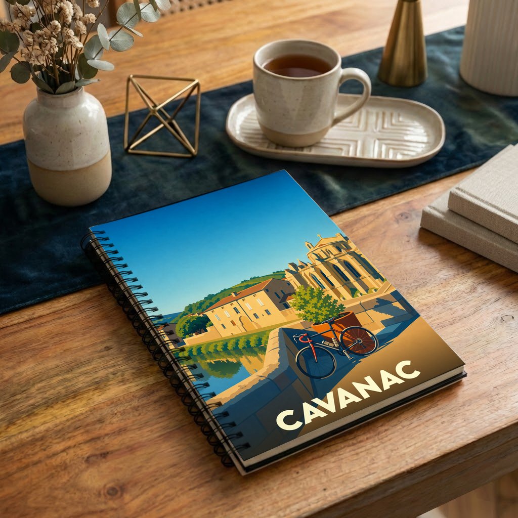 Carnet à spirales souvenir de la ville de Cavanac avec une illustration stylisée d'un paysage urbain au bord de l'eau.