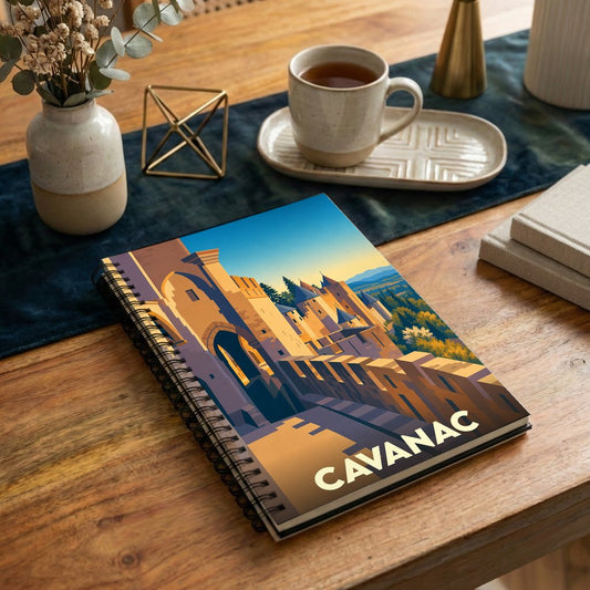 Carnet souvenir de la ville de Cavanac avec une illustration stylisée d'une citadelle médiévale.