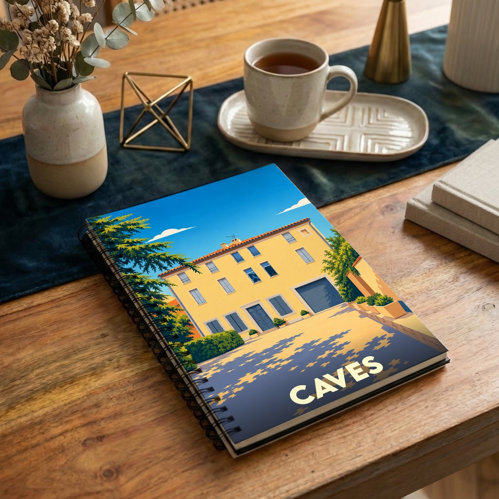 Carnet de notes souvenir de la ville de Caves avec une illustration stylisée d'une bâtisse ensoleillée.