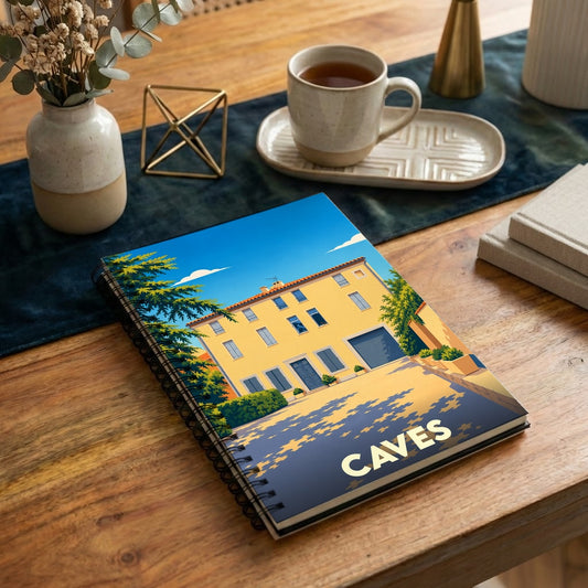 Carnet de notes souvenir de la ville de Caves avec une illustration stylisée d'une bâtisse ensoleillée.