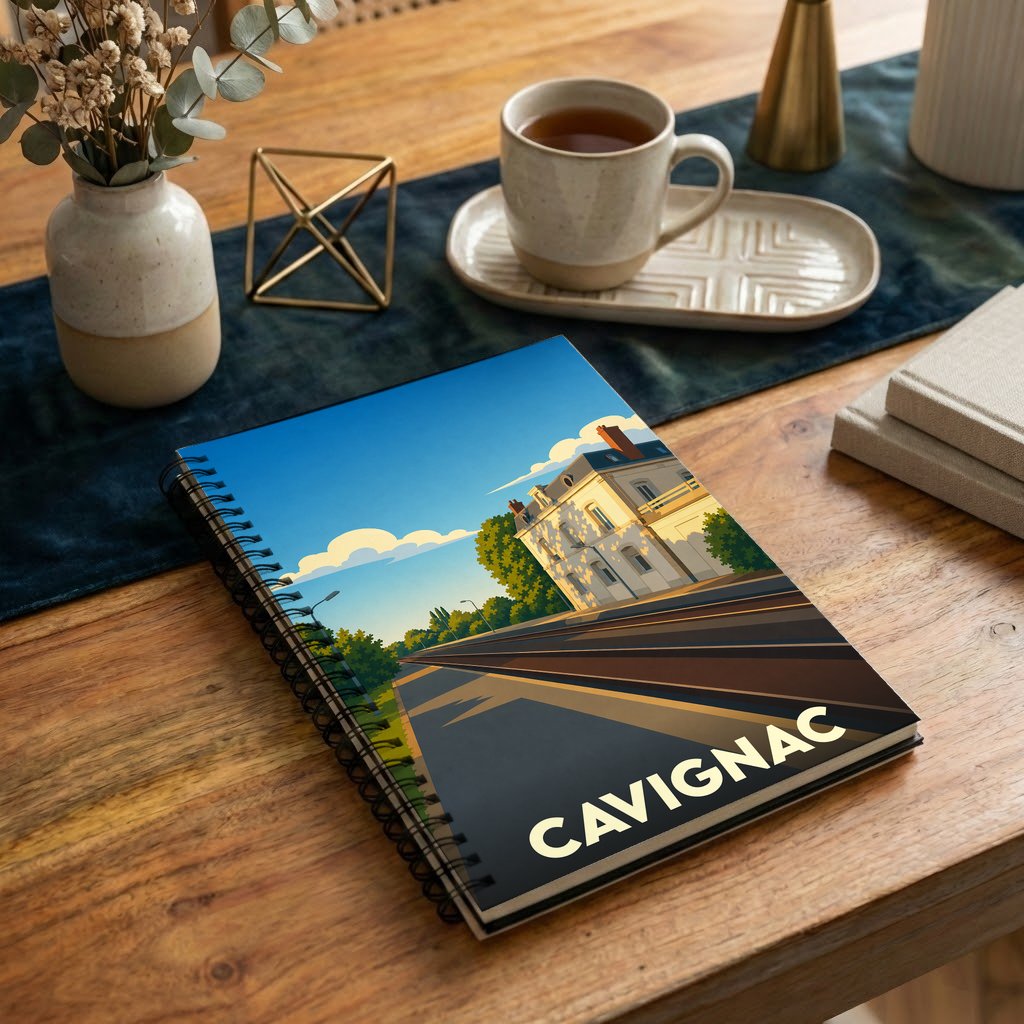 Carnet de notes souvenir de la ville de Cavignac avec une illustration stylisée d'un paysage urbain.