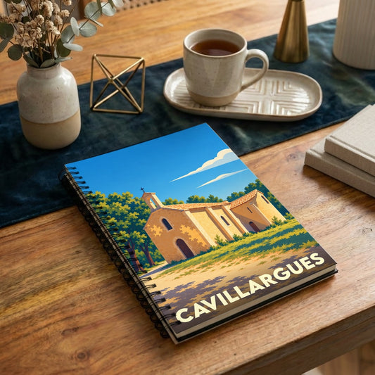 Carnet à spirales souvenir de la ville de Cavillargues avec une illustration stylisée de sa chapelle sous un ciel bleu.
