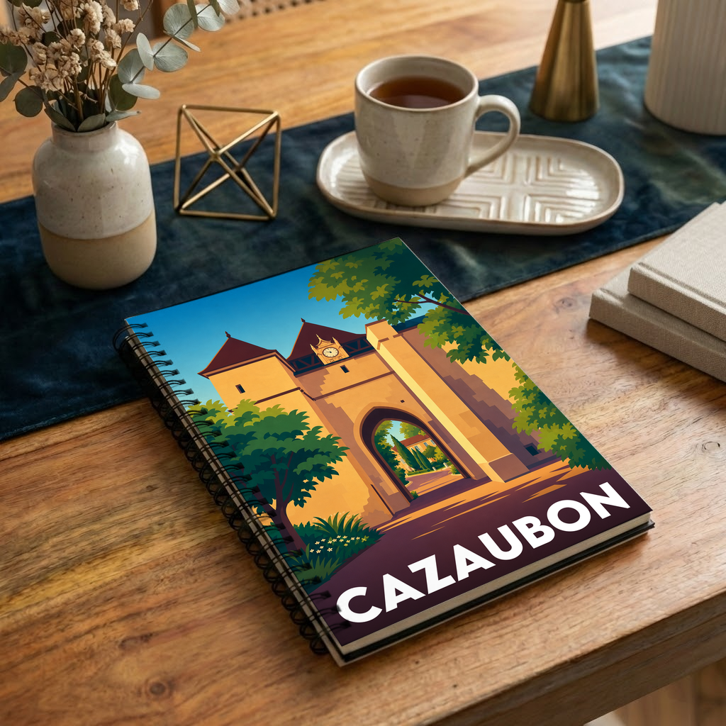 Carnet souvenir de la ville de Cazaubon avec une illustration graphique stylisée de son patrimoine.