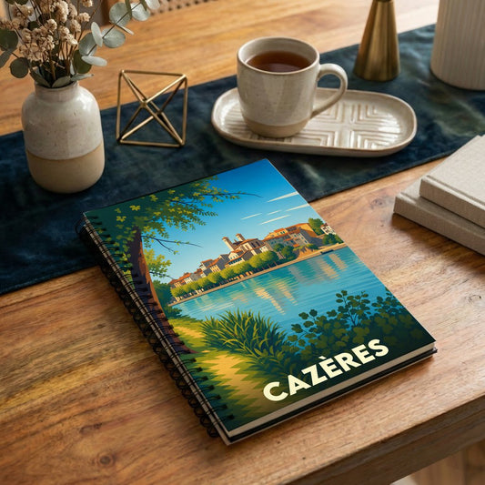 Carnet à spirales souvenir de la ville de Cazères avec une illustration stylisée des bords de Garonne.